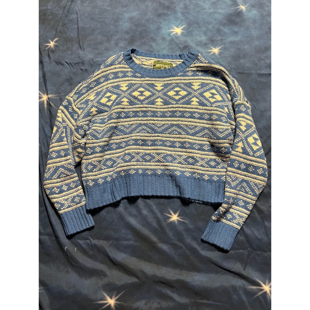 American Eagle Blue Fair Isle Cropped Sweater Large Long Sleeve Crew Neck Knit